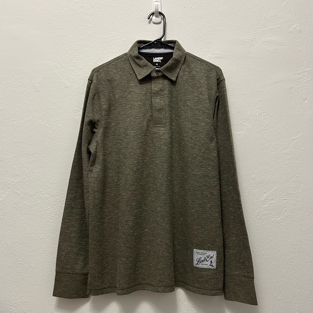 Lands' End Men's Green Miniwaffle Texture Long Sleeve Polo Shirt